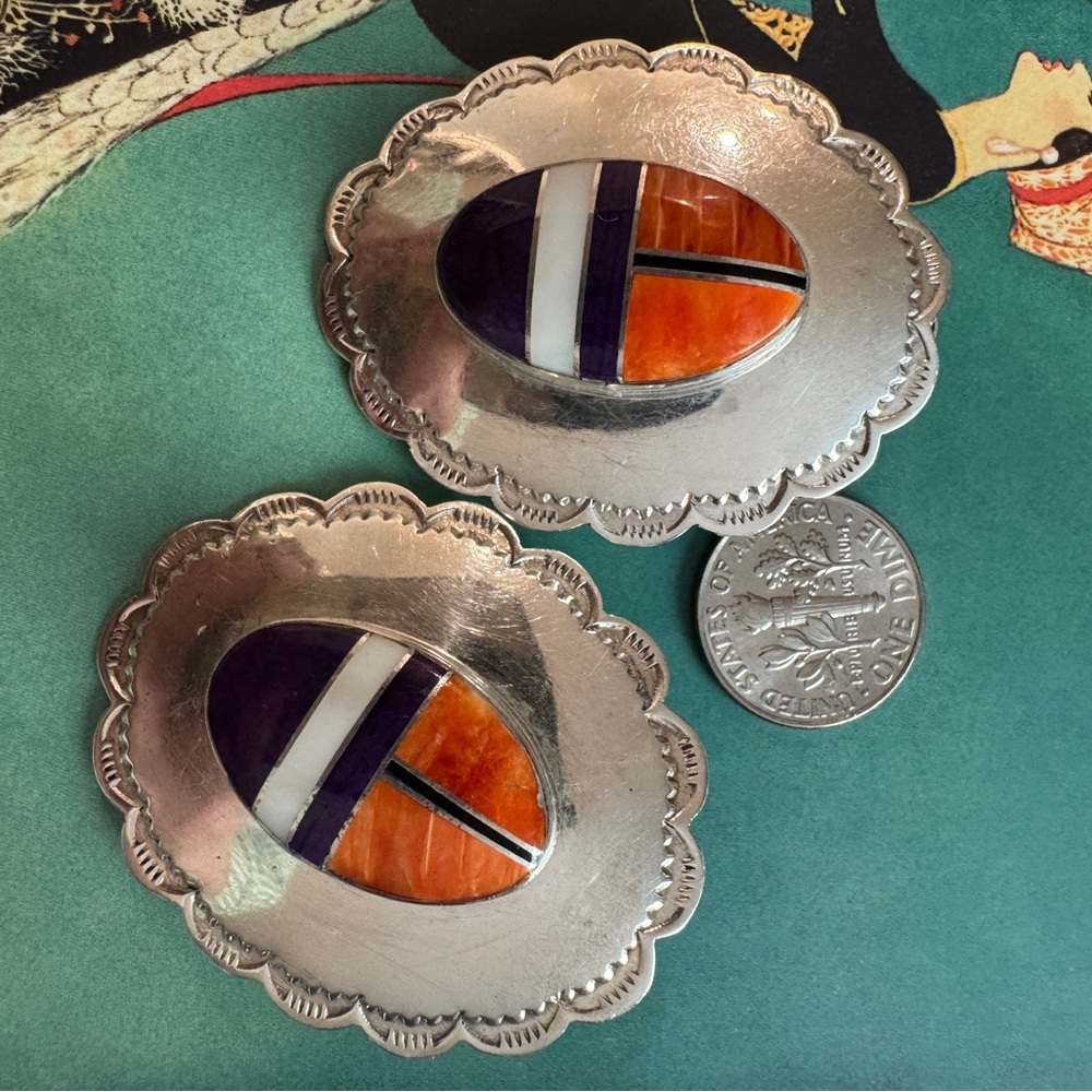 Vintage Native American sterling Silver Earrings large old pawn inlay navajo - Picture 2 of 5